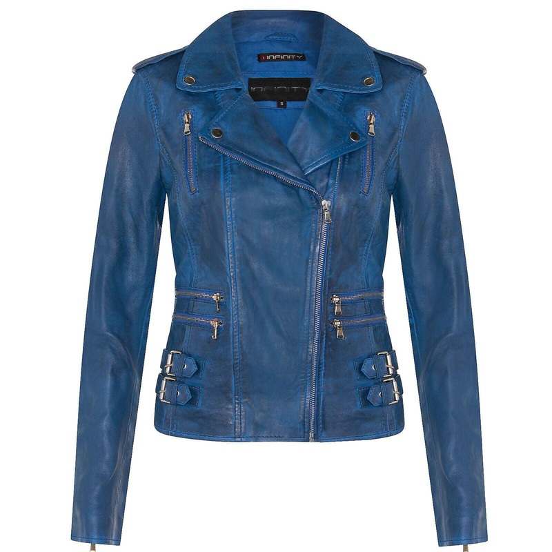 Ladies Leather Biker Jacket Blue Real Lamb Nappa  Jacket