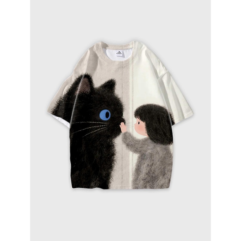 T-Shirt Round Neck, Loose Short Sleeve Pattern Graphic Tee, Unisex Summer Casual Top V1013