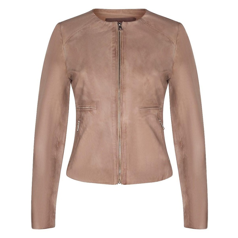 Womens Classic Biker Style Beige Real Collarless Leather Jacket