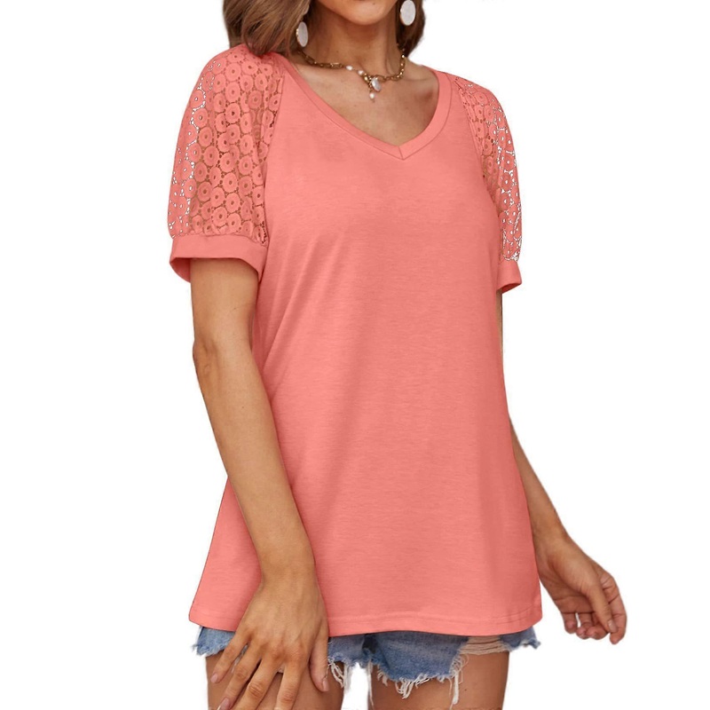 Women’s T-Shirts Summer Short Sleeve V Neck Tee Loose Casual Lace Knit Tops Peachy