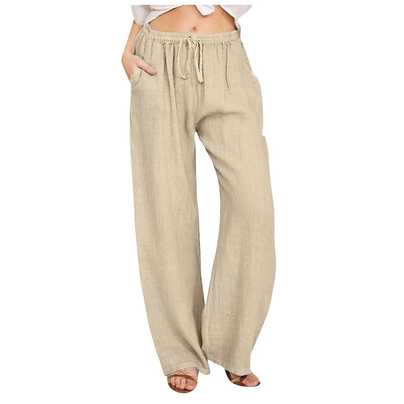 Womens  Waist Wide Leg Trousers With Drawstring Elastic Waist Pockets Khaki M