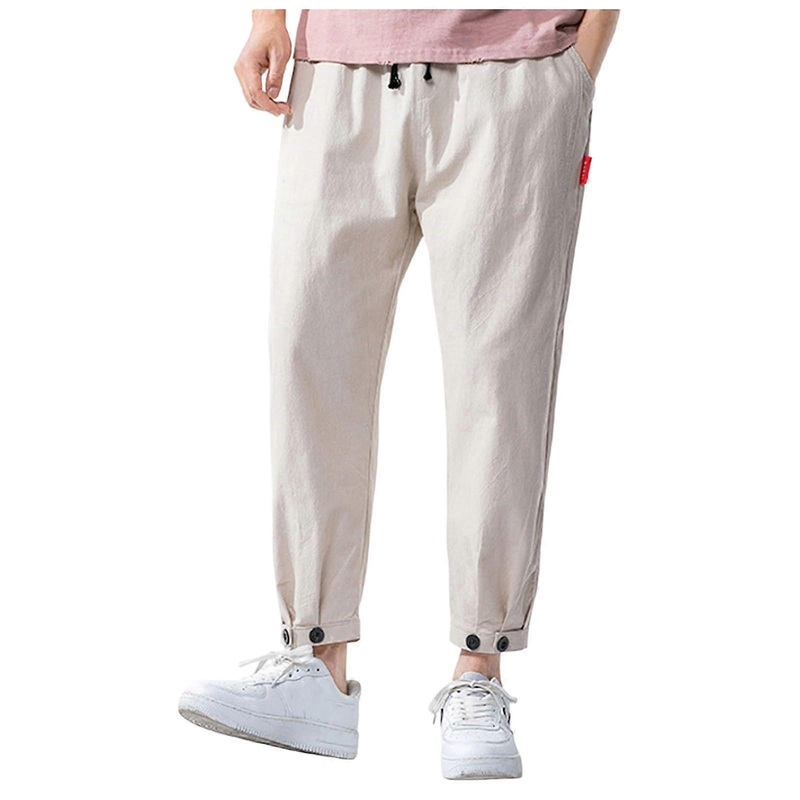 Casual Pants For Men Straight Loose Linen Nine-Point Pattern Khaki Sport Trousers 5XL