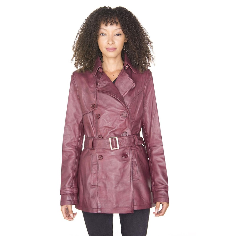 Womens Burgundy Nappa Leather Mid Length Trench Coat