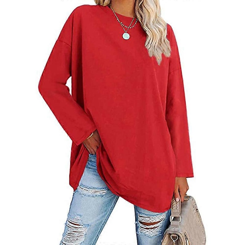 Womens Long Sleeve Shirts V Neck Casual Tops Loose Dressy Basic Fall Fashion Trendy Outfits Winter Clothes Red