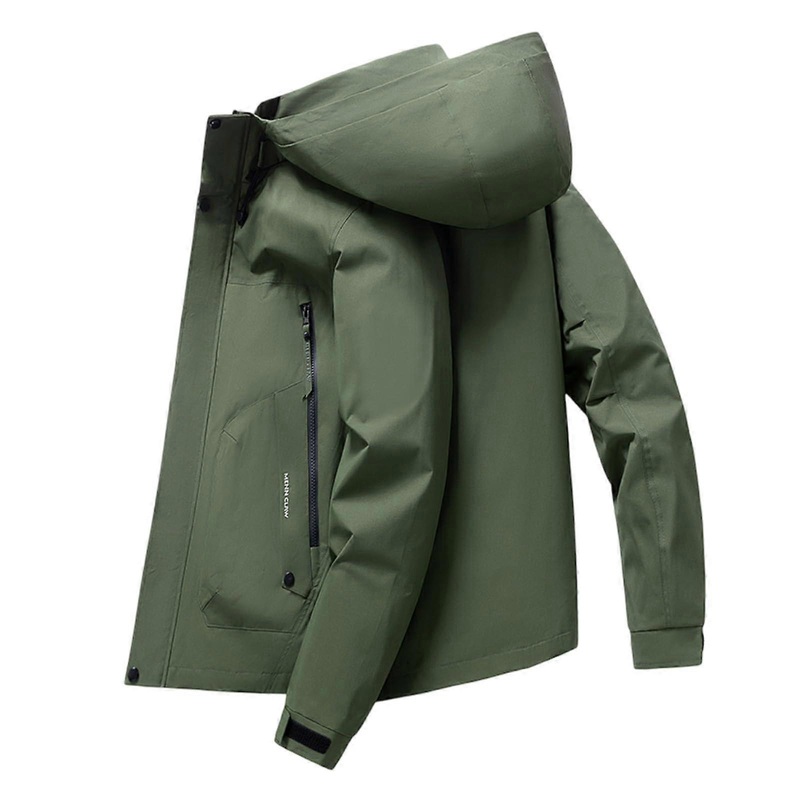 Cargo Jacket Men’s Windproof Hooded Jacket With Zip Pockets Breathable Pilot Style Outdoor Bomber Army Green Size M