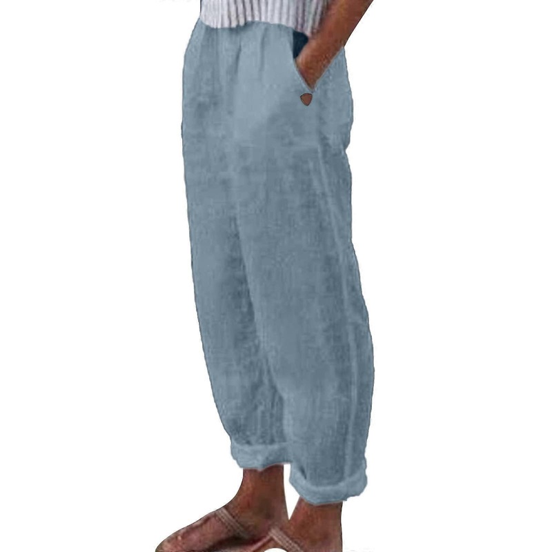 Women’s Linen Pants Capri Casual  Waist Summer Lightweight with Pockets