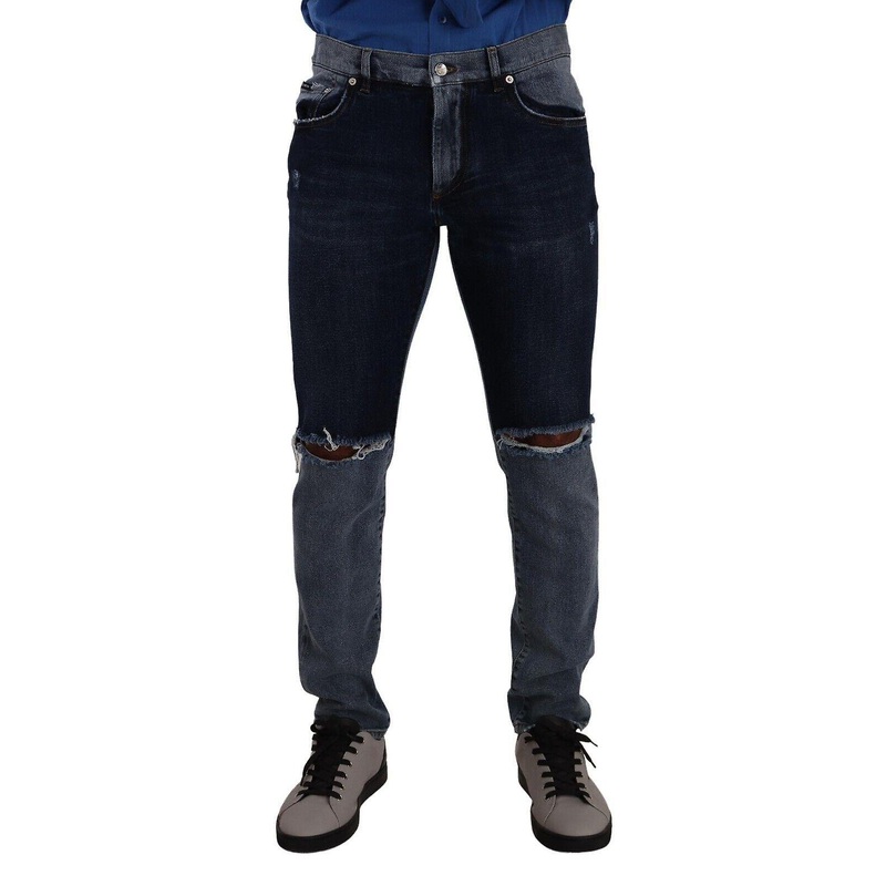 Blue Two Tone Tattered Cotton Slim Denim Jeans
