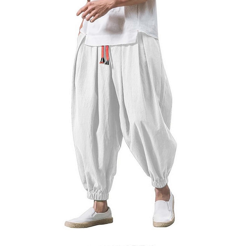 Harem Trousers Mens Baggy Stretch Elastic Waist Casual Jogging Bottoms with Pockets, Classic Long Training Trousers, White, M