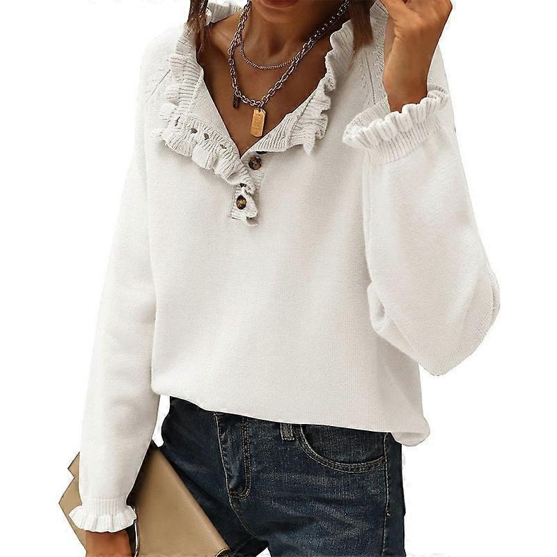Womens Sweaters Fall Winter Outfits Long Sleeve Button Down Ruffle Crew Neck Casual Knitted Pullover Tops
