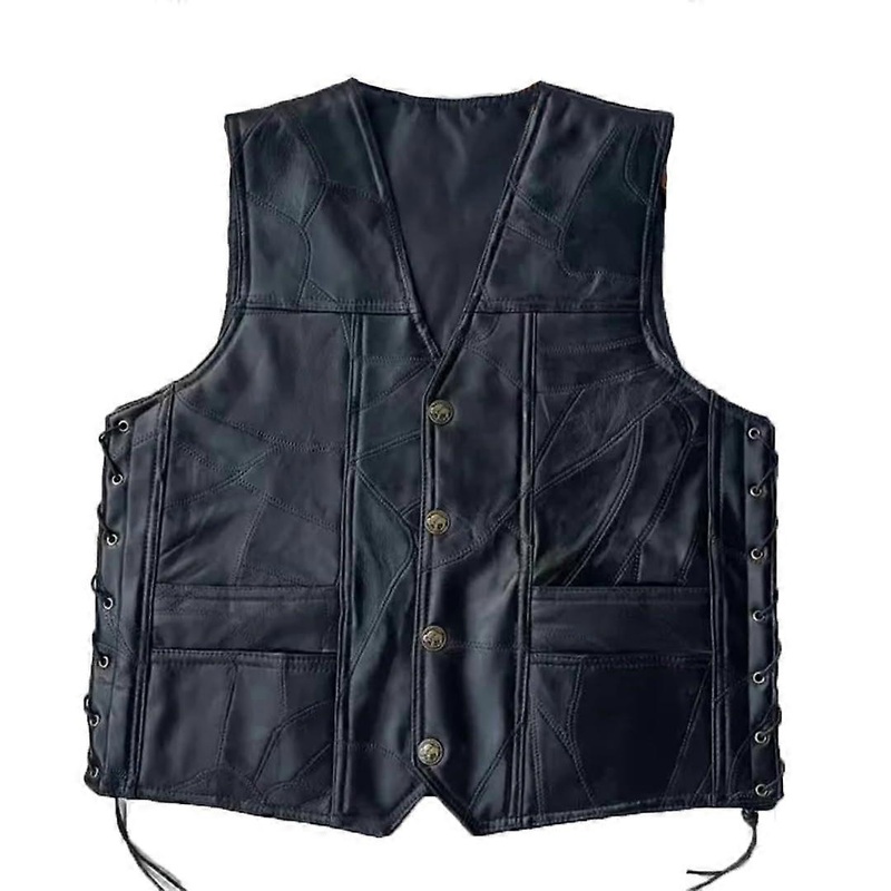 Men’s Motorcycle Leather Vest, Sleeveless, Short, Single-Breasted, Black, XL, Punk Style, Stitched Seams