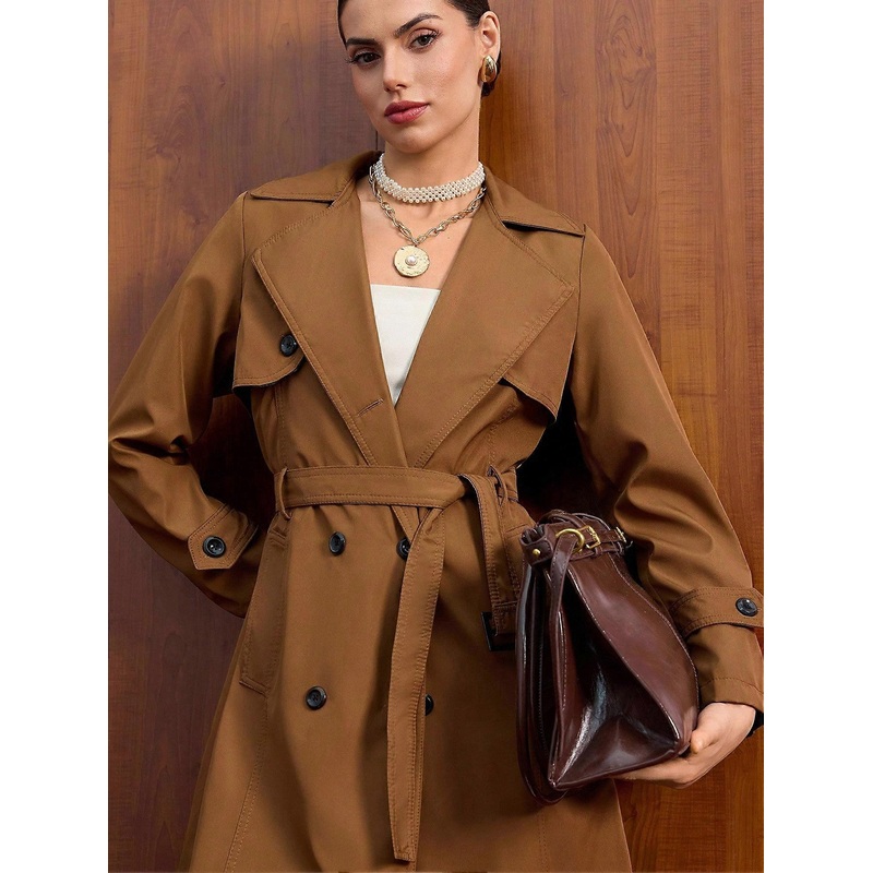 Women Solid Color Belted And Button Detailed Trench Coats