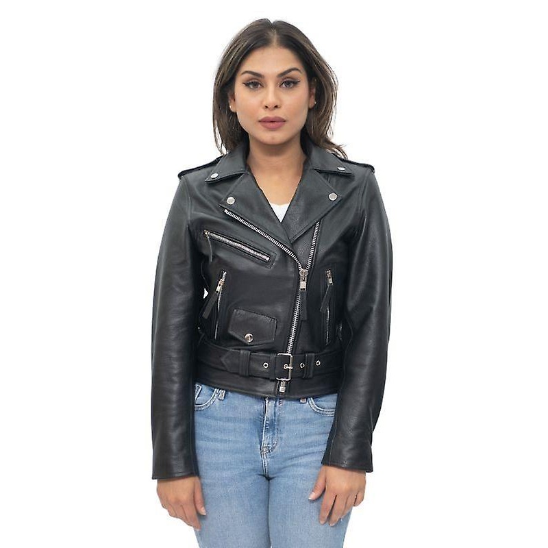 Womens Black Cowhide Brando Leather Biker Jacket