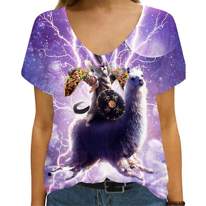 2022 Summer New Brand Fashion Starry Cat Cartoon Print Women’s V-neck Casual Short Sleeve T-shirt