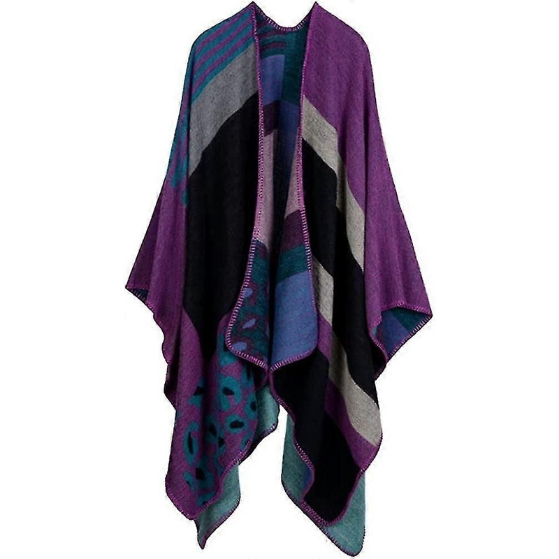 Women’s Color Block Shawl Wrap Plus Size Cardigan Poncho CapeFront Long Winter Sweater Coat