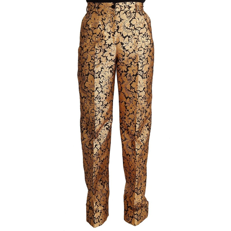 Dolce & Gabbana Gold Floral Jacquard Straight Polyester Pants