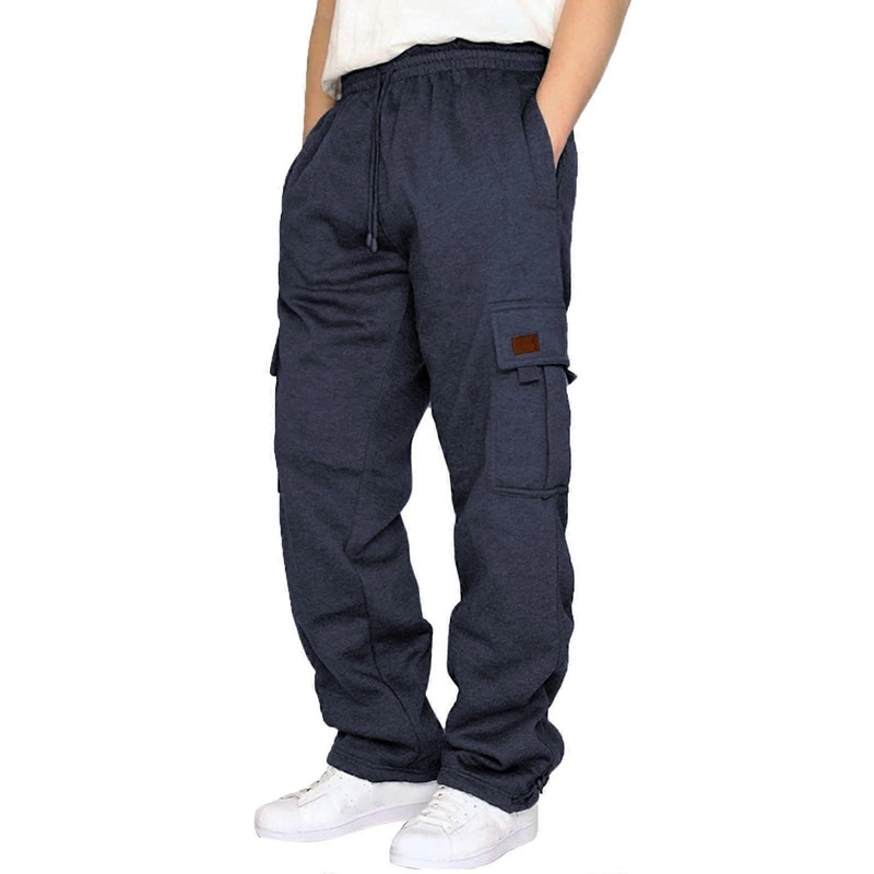 Sweatpants For Men Cotton With Elastic Waist Joggers Wide Leg Cargo Pockets Breathable Winter Warm