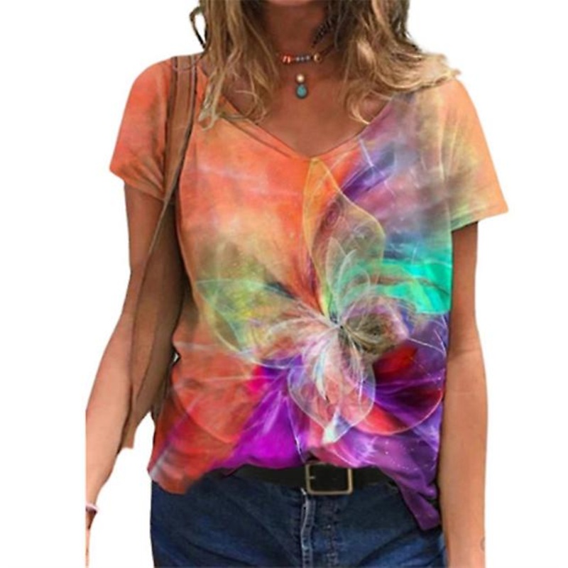 2022 Summer New Women’s Beach Party Figures Casual Short-sleeved V-neck Trendy Street Loose T-shirt