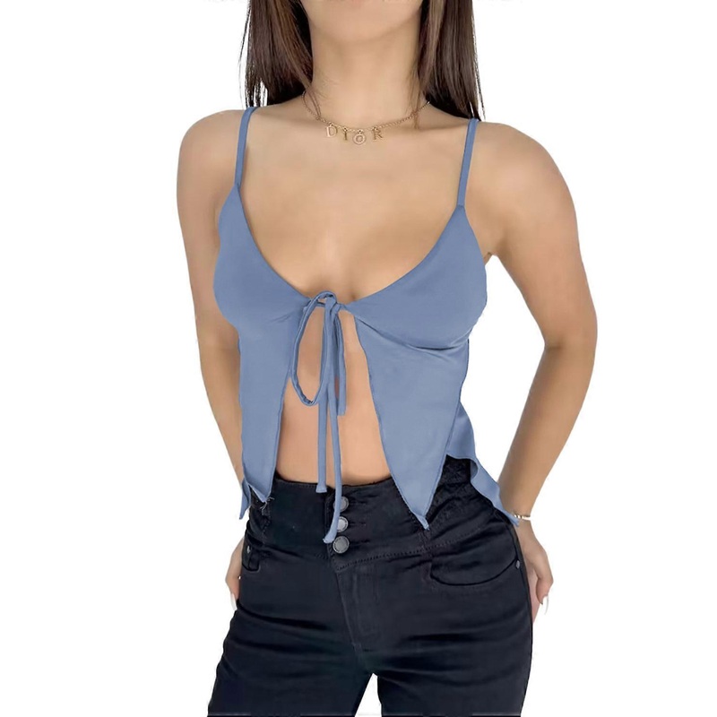 Women’s Summer Sexy Backless Tie Front Crop Tops Deep V Neck Spaghetti Strap Cami Top