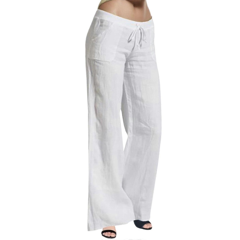 Casual White High-Waisted Pants for Women, Elastic Cuff, Drawstring Waist, Long Wide Leg Trousers, Size L