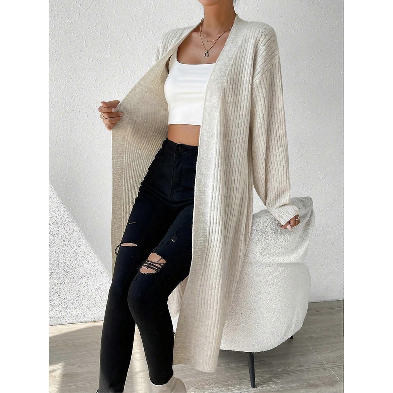 Women’s Brown V-Neck Ribbed Lantern Sleeve Wool Blend Cardigan