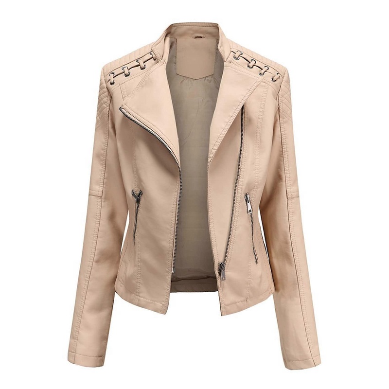 Women’s Lapel Thin Leather Jacket with Long Sleeves, Khaki Color, 3XL Size, Casual Autumn and Winter Style