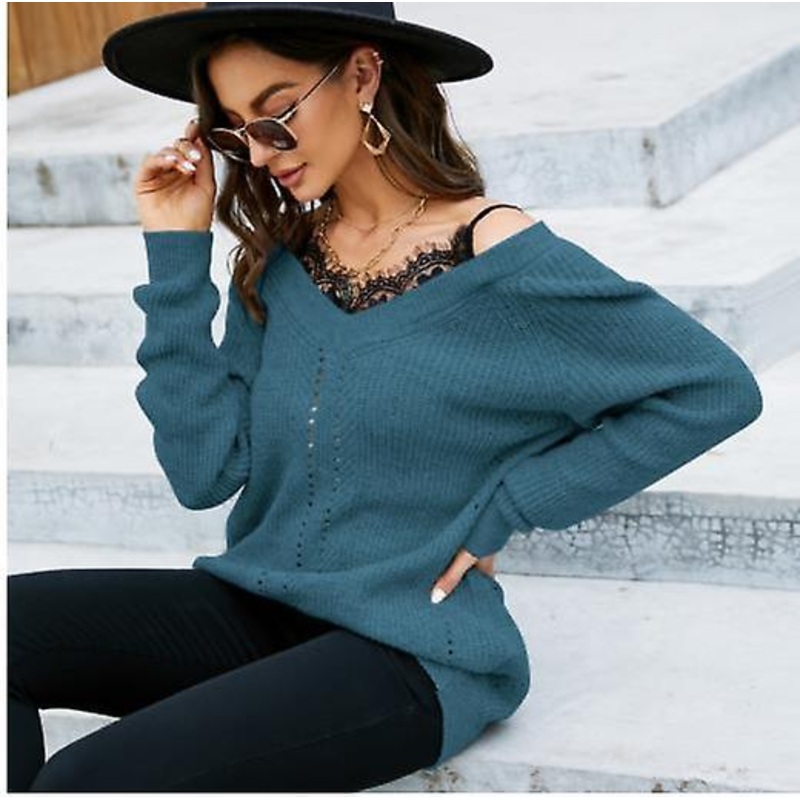 2023 Autumn And Winter Women’s Long-sleeved New Arrival Off-the-shoulder Sexy V-neck Sweater Women’s Mid-length Lace Stitching Pullover Knitted Top
