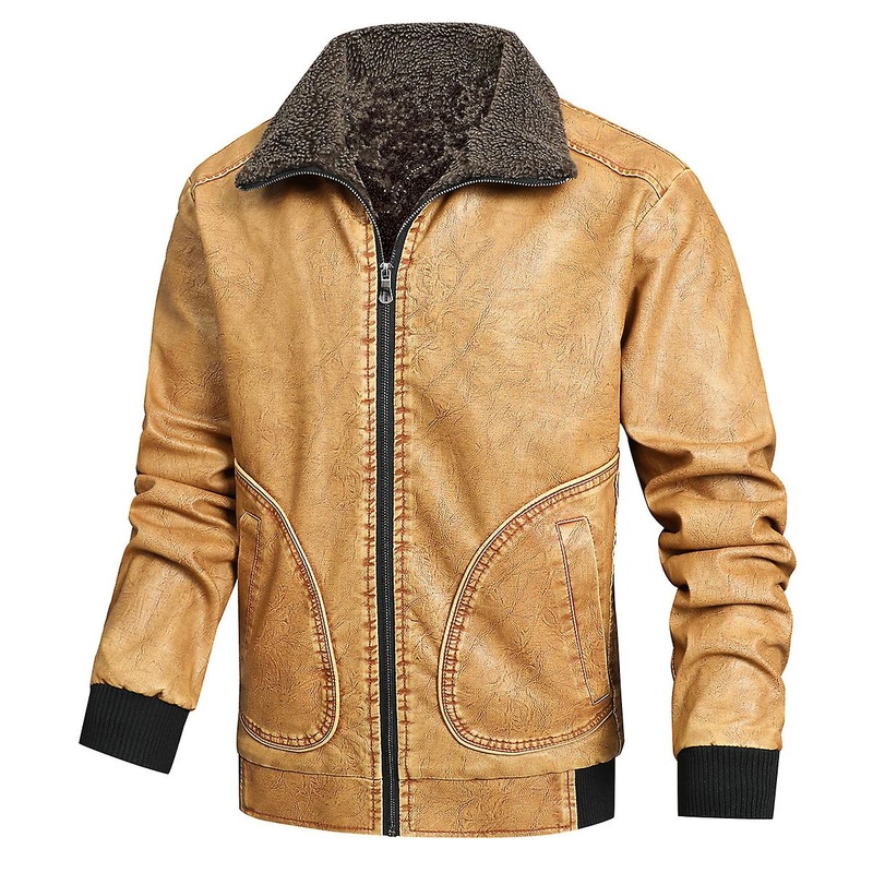 Cloudstyle Men’s Winter Warm Fur Collar Thickened Bomber Leather Jacket
