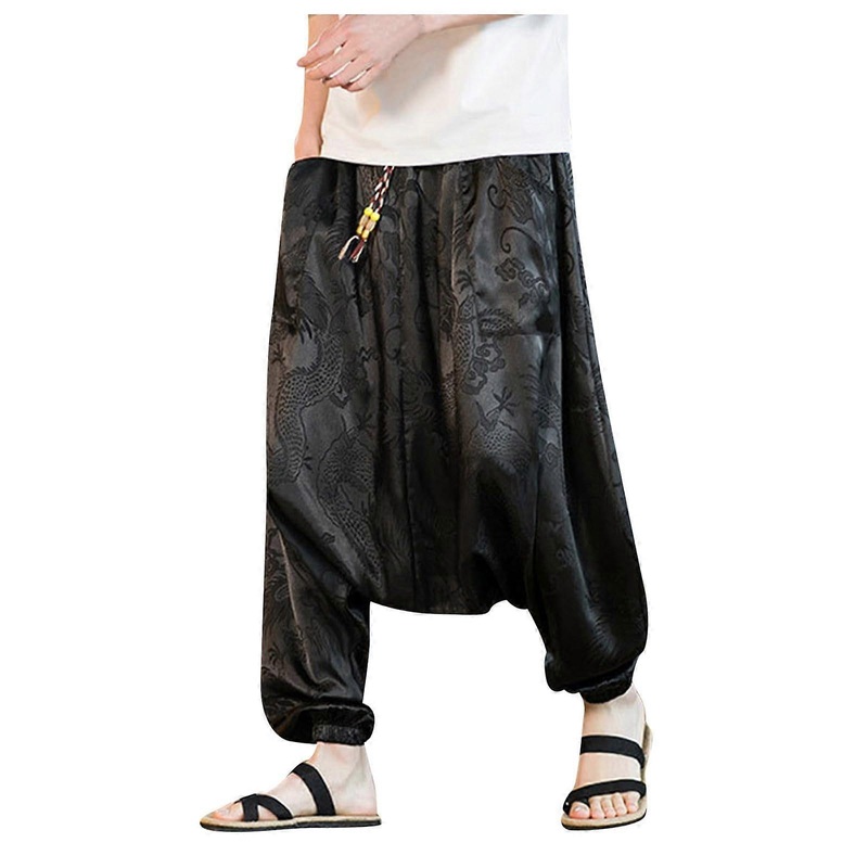 Harem Trousers Men’s Long Baggy Yoga Trousers With Pockets Elastic Waistband Black XL Hippie Summer Leisure Style