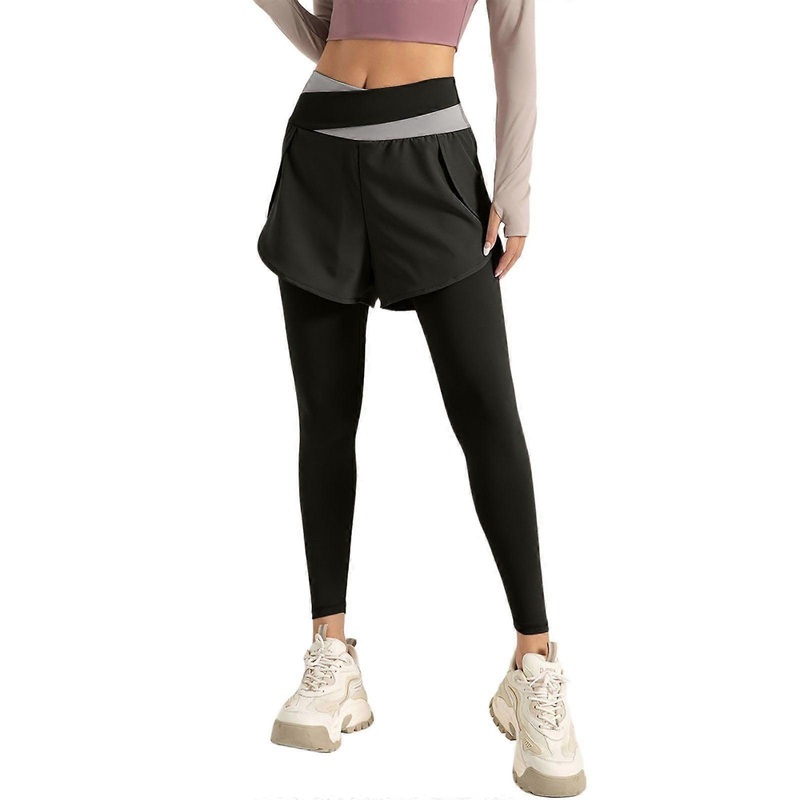 Damen 2 in 1 Yoga Shorts  Waisted Workout Leggings QuickDrying Training Pants Black