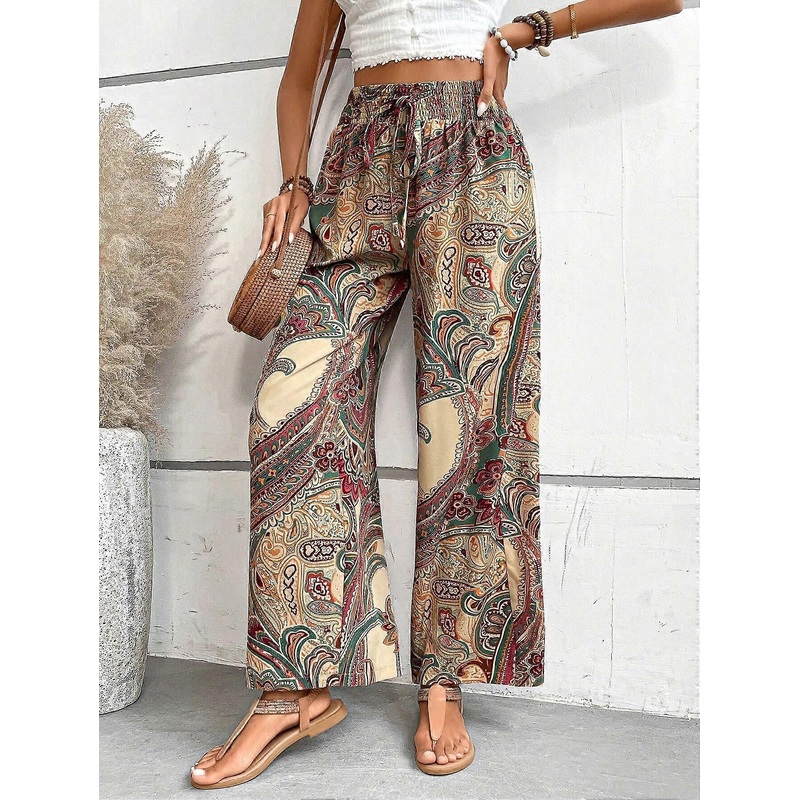 Random Print Elastic Waist Pants Casual Shirred Pants For Spring & Fall Women’s Boho Trousers