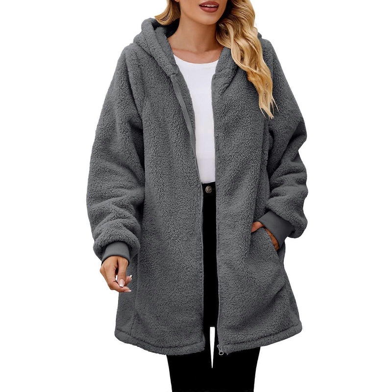 Teddy Fleece Jacket Women’s Long Zip Hoodie Coat with Hood, Plush Winter Jacket with Pockets, Fluffy Grey Size S