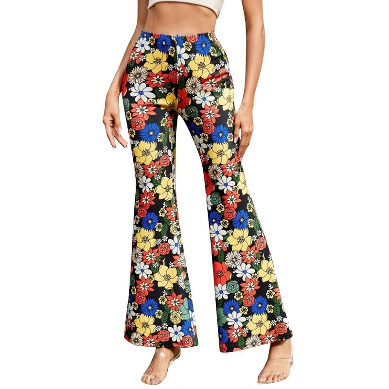 Women’s Flared Pants 70s Oversize Waist Hippie Palazzo Pants A01Blue L