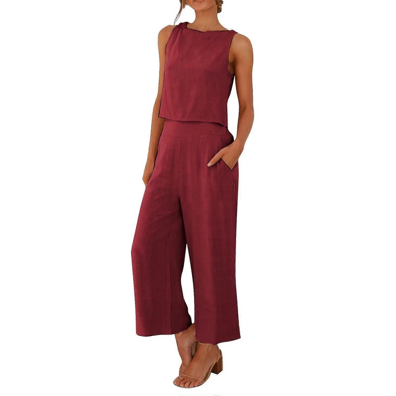 Twopiece women’s summer linen pantsuit, sleeveless tank  and casual 7/8 wideleg pants, wine color, size XL.