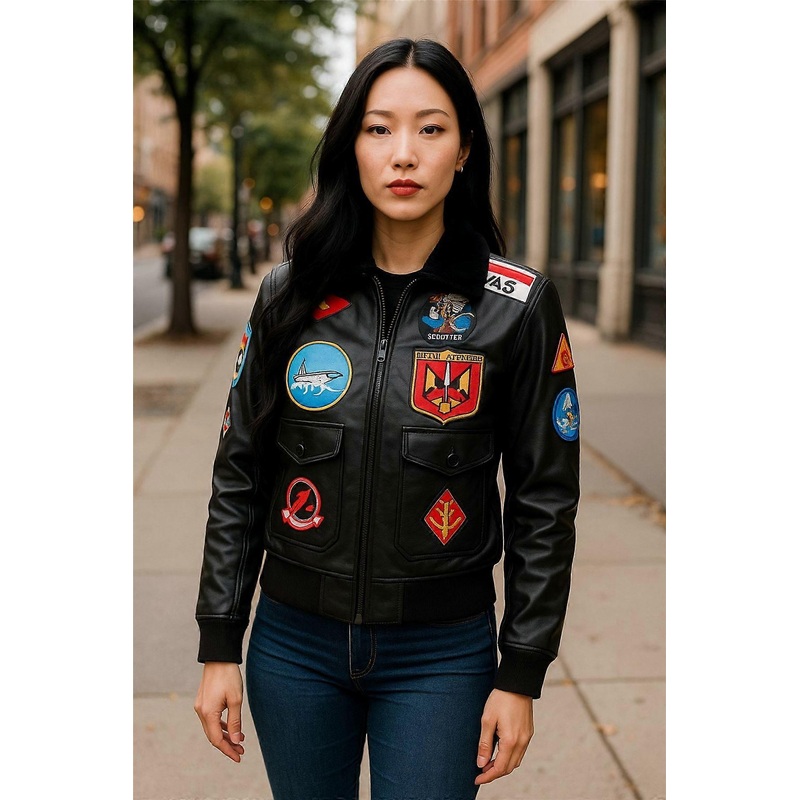 Women’s Black Top Gun Tom Cruise Sheepskin Collar Pete Maverick A2 Bomber Leather Jacket