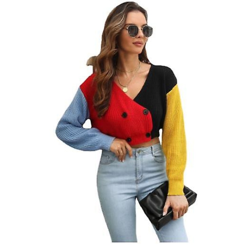 2022 Autumn And Winter Knitted Jacket Women’s Double-breasted Color-block Knitted Cardigan High Quality Ladies Short Cropped Sweater Long-sleeved