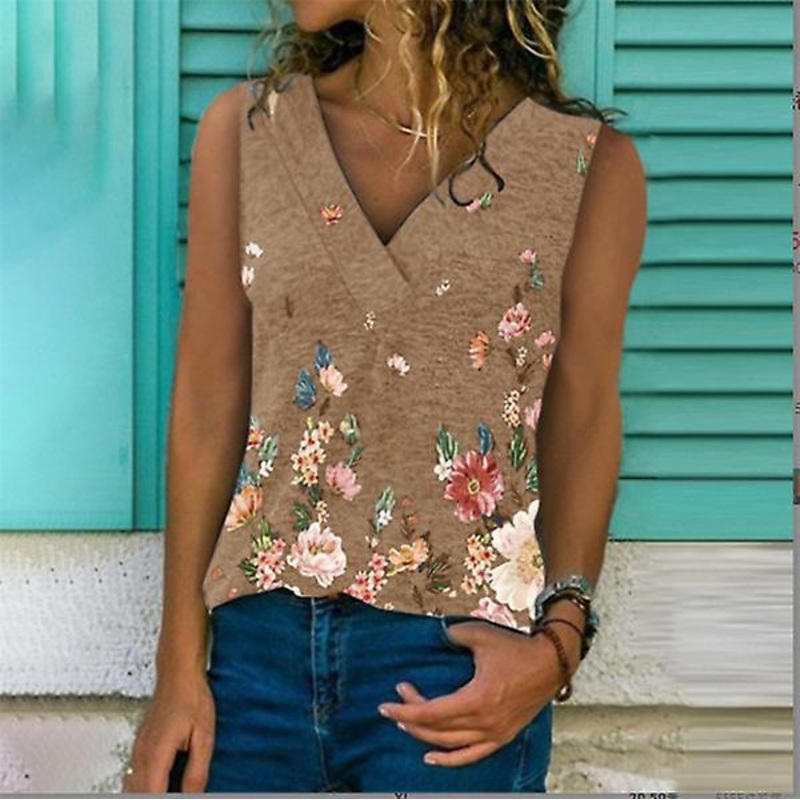 2022 Fashion Luxury Summer High Quality Trend New Women’s Fashion Luxury National Style Printing V-neck Sleeveless Vest T-shirt