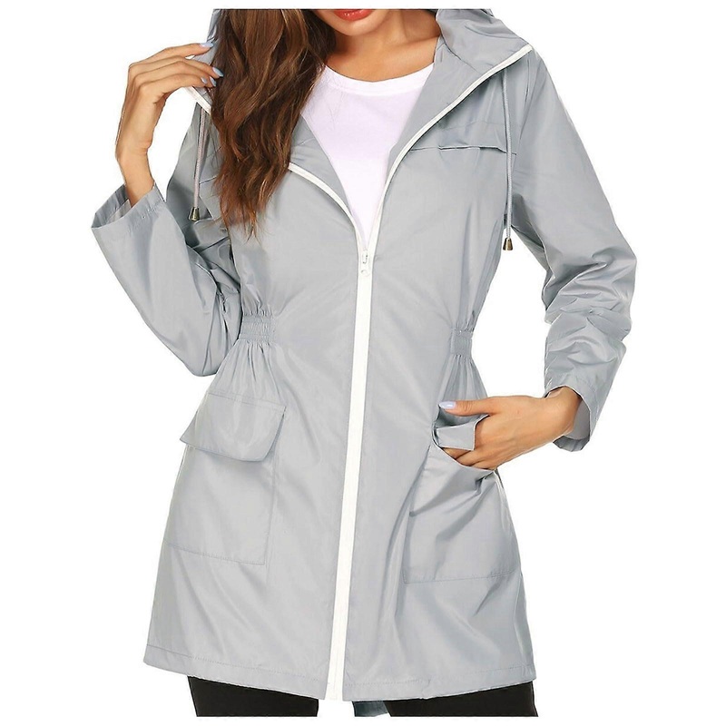 Waterproof Raincoat for Women Breathable Jacket with Hood Windbreaker O Grey S