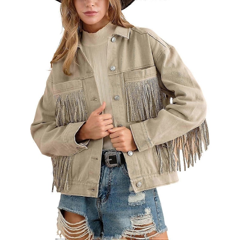 Women’s Rhinestone Fringe Denim Jacket Long Sleeve Casual Tassel Jean Jacket Coat