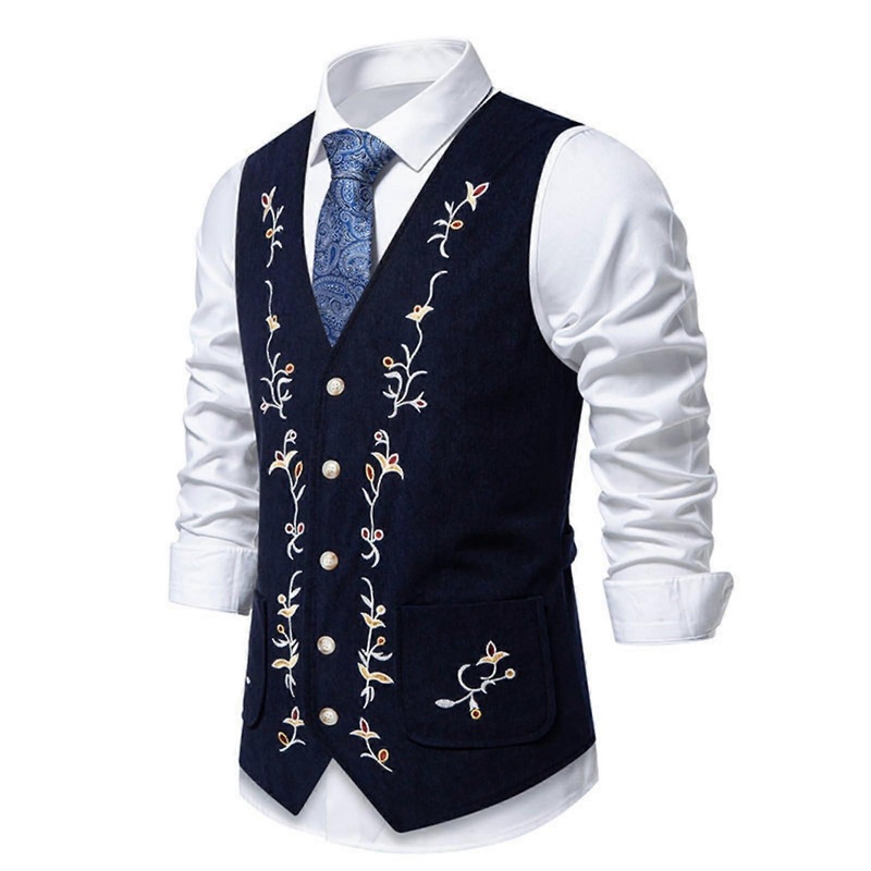 Men’s Elegant Corduroy Jacquard Embroidery Casual Vest Slim Fit Single Breasted Jacket Sleeveless Tuxedo Jacket V Neck Classic Gilet XL navy