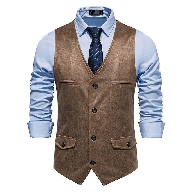 Men’s Suede Vest Vintage VNeck Slim Fit Business Tops Retro Khaki XXL