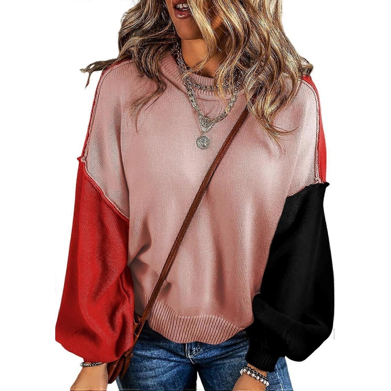 Women’s Sweaters Colorblock Crewneck Cotton Long Sleeve Fall Winter Knit Pullover Jumper Tops
