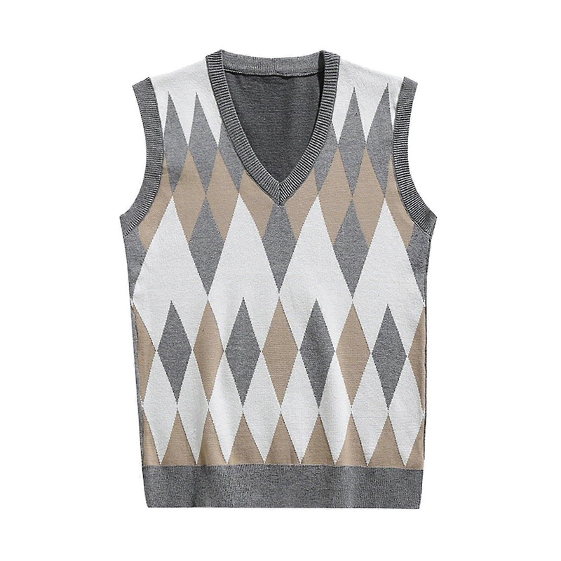 Men’s Argyle VNeck Knitted Vest Autumn Winter Wool Vest for Men Leisure Vest for Men Sleeveless Plaid Knitted Cotton Jumper XXL Gray