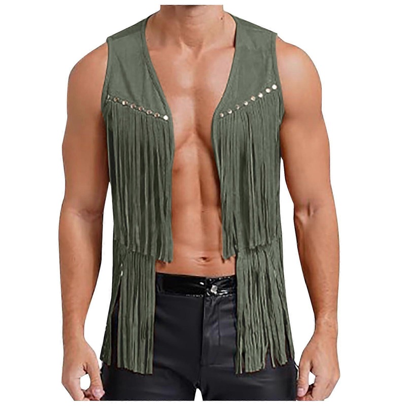 Men’s Suede Vest Sleeveless Cowboy Vests Fringe Green XXL