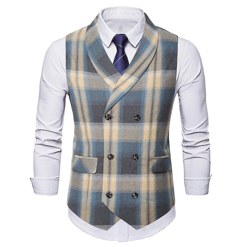Cloudstyle Men’s Casual Shawl Collar Plaid Double Breasted Suit Vest