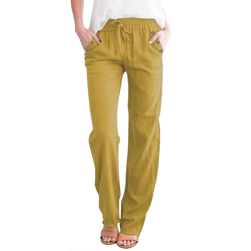 Women’s Casual Pants Yellow Solid Color Cotton Flax Elastic Long Beach Leisure Trousers XXL Size
