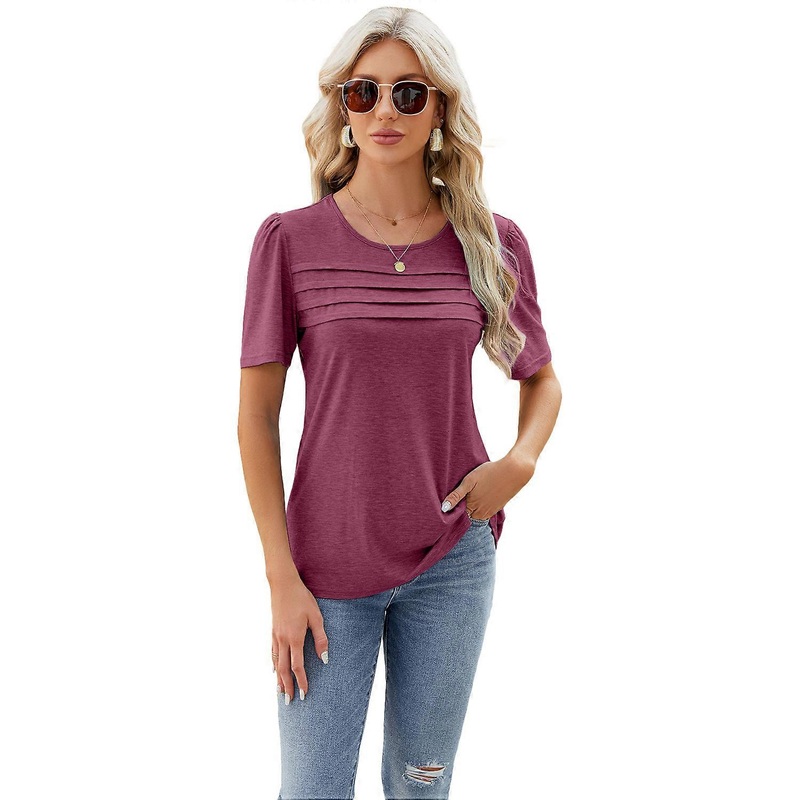 Womens Crewneck Tops Short Sleeve T-Shirt Solid Pleated Tunic Blouse Shirts Elegant Tunic Tees Dressy Blouses Burgundy