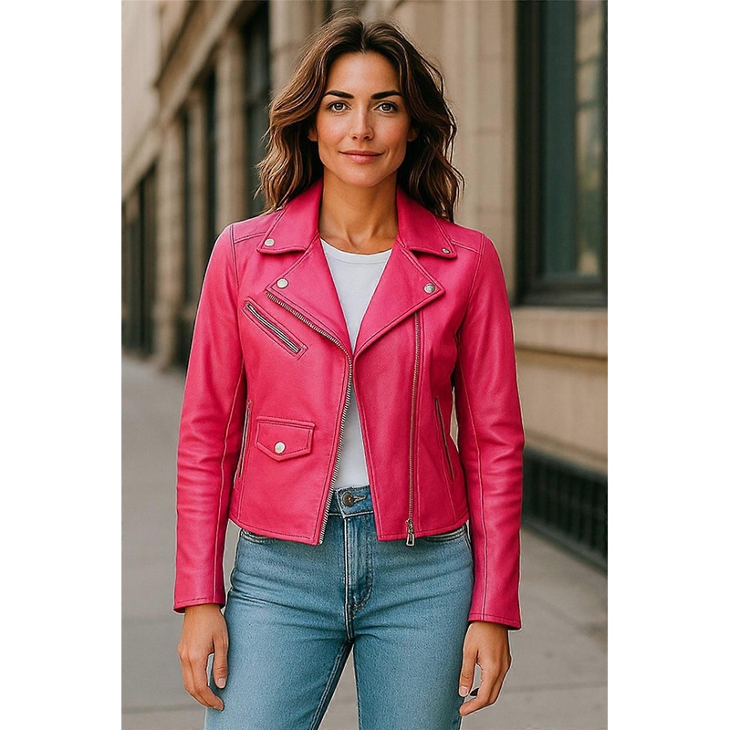 Womens Fuschia Pink Leather Biker Jacket Classic Brando Moto Real Leather Ladies Jacket