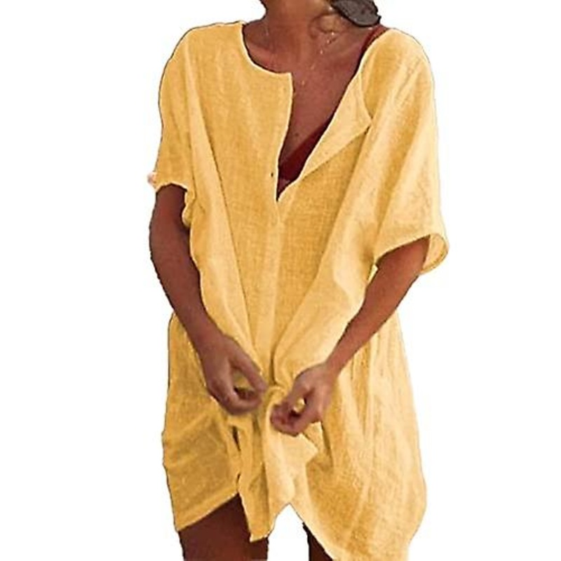 Womens Loose Button Blouse Plus Size Mid-Length Tunic Solid Color Short Sleeve Crewneck Shirt Summer