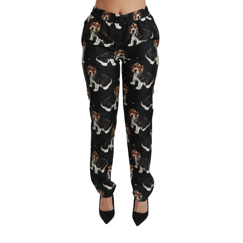 Dolce & Gabbana Black Puppy Dog Mid Waist Skinny Silk Pants