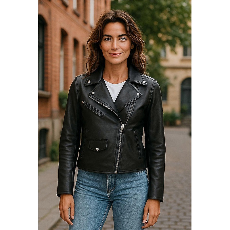 Womens Black Leather Biker Jacket Classic Brando Moto Real Leather Ladies Jacket